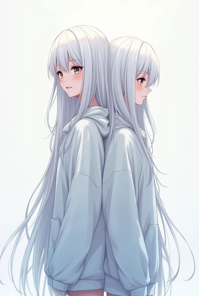 In anime style、Wearing a loose hoodie、Draw a 2-headed white-haired girl、Put your whole body on the screen