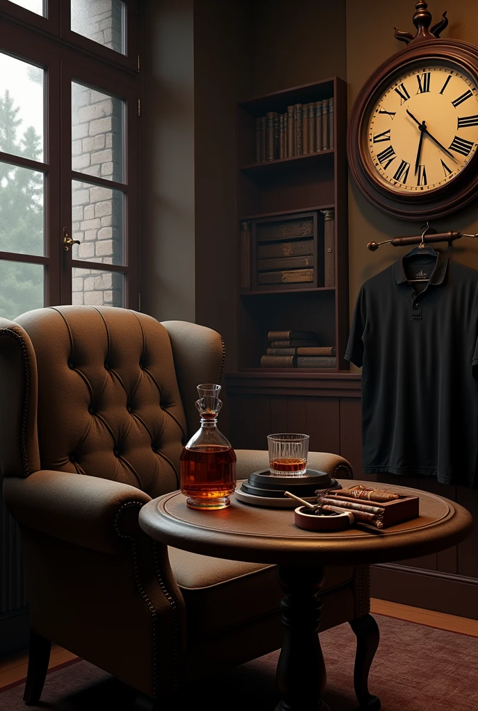 I create a visual of a room like a mafia boss&#39;s office, a table in front of the armchair, a bottle of whiskey and a full glass of cigars on the table, a cigar box with the top open, a half-smoked lit cigarette in an ashtray, a clock on the right wall of the room, a roman numeral clock from 09 to 10, a library on the right side of the armchair or chair behind, a window next to the library, a short-sleeved black shirt hanging on a nail on the wall with a hanger, and a painting resembling blood, graves and death on the side of the shirt, on the right wall under the clock, the theme of the room should be a bit cult, it should resemble the Middle Ages a bit, it should be a mafia room with a Florence France theme, it can also resemble an office, in other words, it should have an angle as if it were standing in front of someone sitting on the armchair, in other words, all of these things should fit on a phone screen