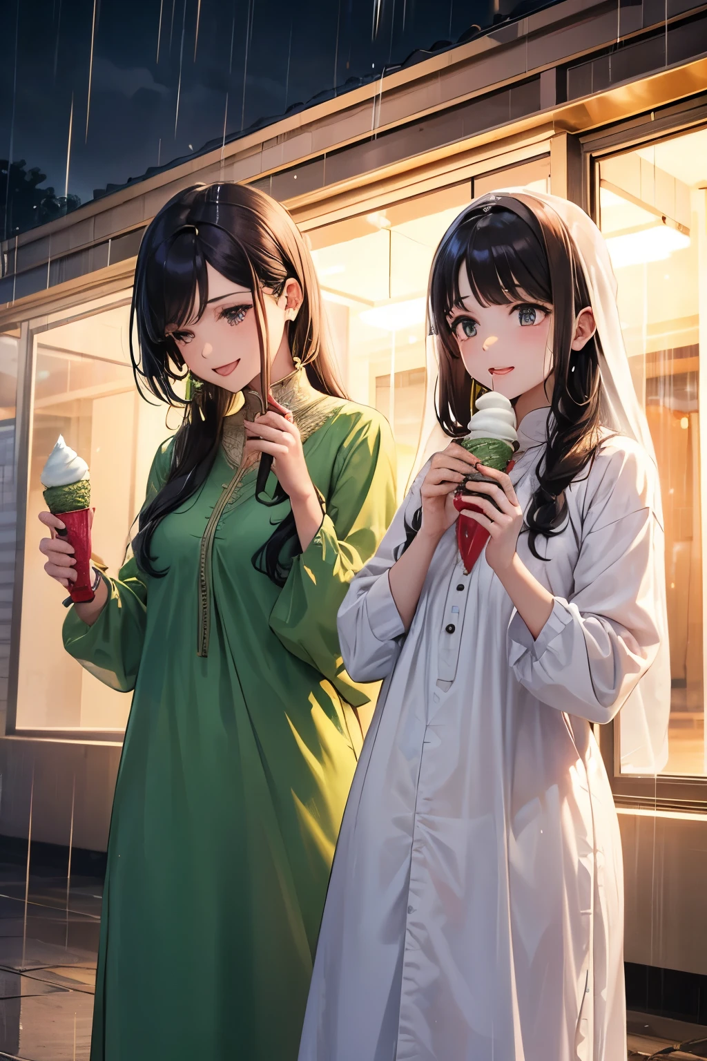 two sisters, wearing shalwar kameez, eating ice cream in rain, laughing, evening time, heavy rain