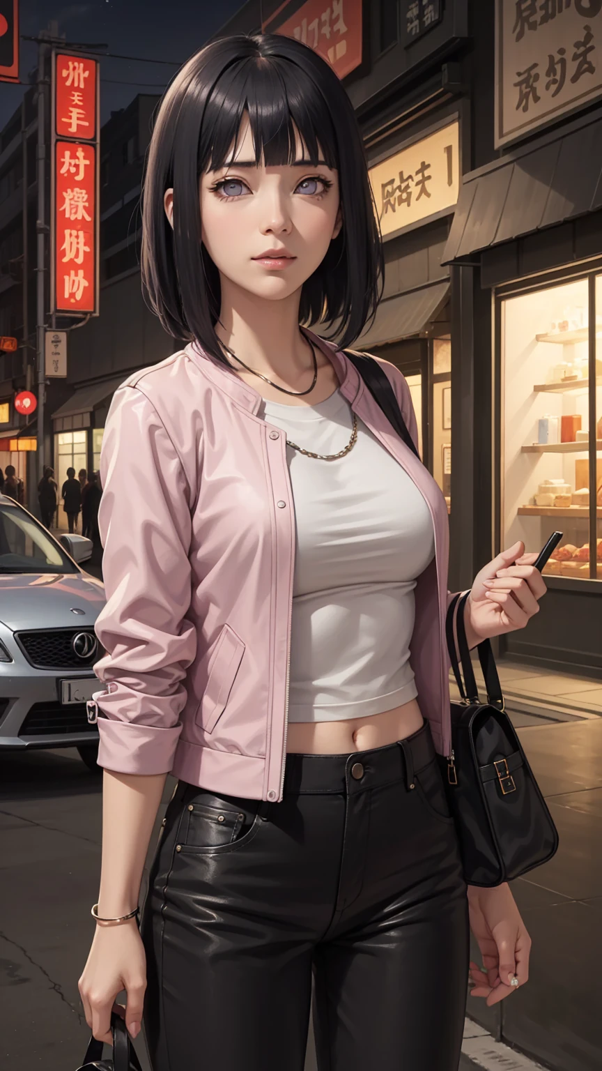 hinata\(boruto\), hinata from the anime naruto, light purple eyes, shoulder length hair, black hair, bangs, beautiful, beautiful woman, perfect body, perfect breasts, wearing a pink t-shirt, white leather jacket, long black pants, cilak, jewelry, on the street, roadside, at night, evening, looking at the viewer, a slight smile, realism, masterpiece, textured leather, super detail, high detail, high quality, best quality, 1080p, 16k
