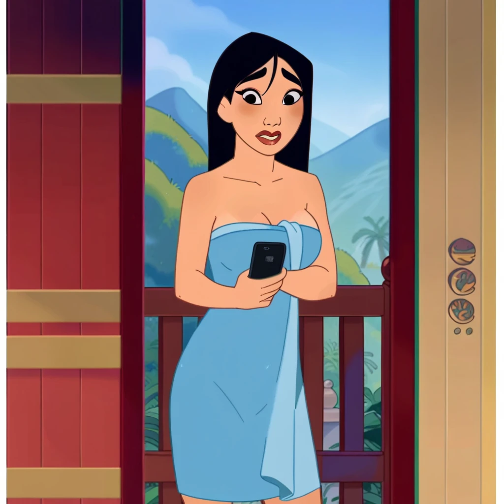 score_9_presence, score_8_up, Mulan, wrapped in towel, medium breasts, holding phone