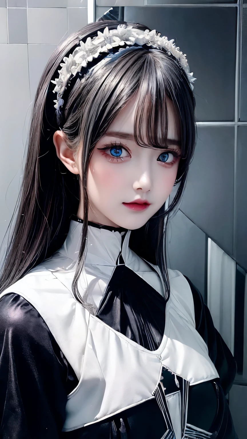 (digital art:0.2),(geometric art:1.7),(top-quality),(masterpiece),Delicately drawn face,girl with a pretty face,beautiful detailed blue eyes,Gothic ta Fashion,((Black and white costume)),(Beautiful silky silver hair:1.2),black ribbon hair ornament,Film Lighting,abstract,a beautiful artistic illustration,geometric background