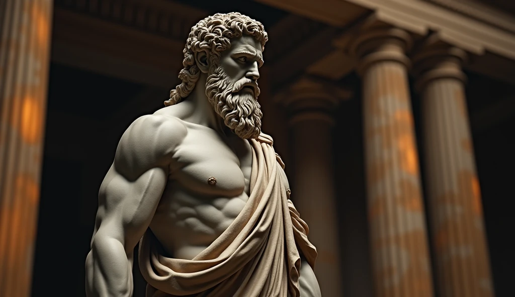A full-length view of a Greek Stoic statue of Epictetus, depicted in a state of rage. The statue should have a muscular build with strong arms and a thick beard, capturing the intensity of the emotion. The lighting should be dramatic, with a dark background and gold accents to highlight the sculptural details and emphasize the mood. The image should be in 8k resolution, with cinematic backlighting and a refined matte painting style. Include variations of the statue in different poses, both front-on and in profile. The background should be a blurred ancient Greek scene reminiscent of Caesar’s time, rendered in 4k resolution with high detail.