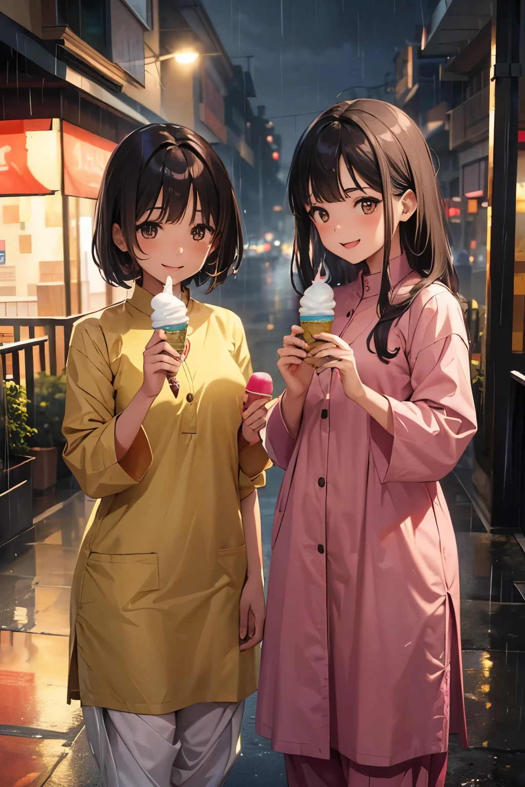 two sisters, brown girls, asian, wearing shalwar kameez, happy, enjyng, eating ice cream in rain, laughing, evening time, heavy rain