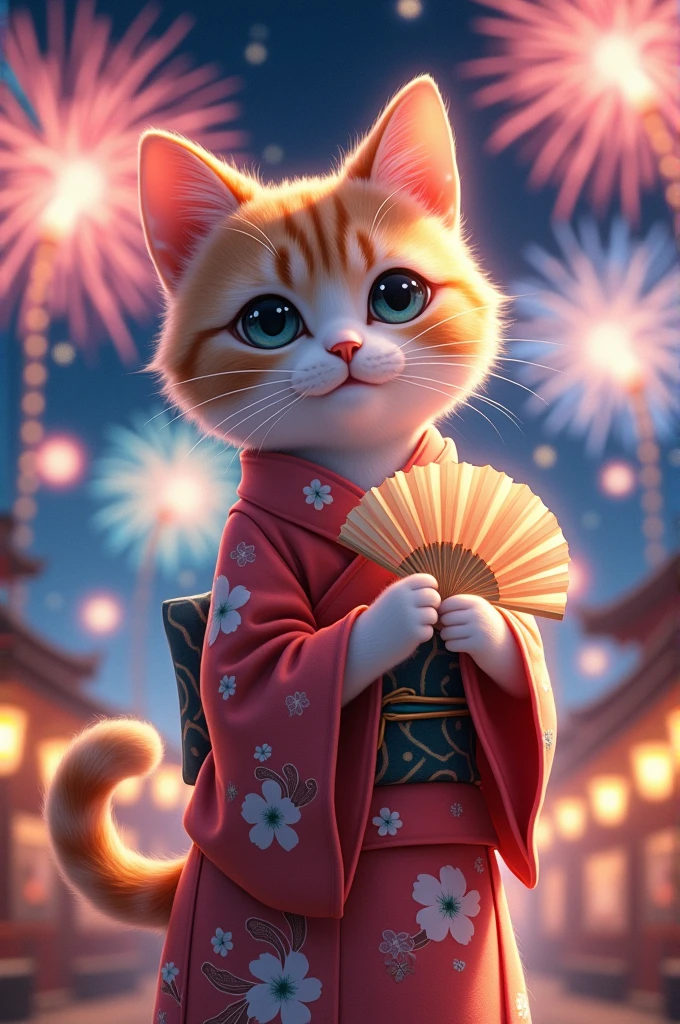 "A full-body image of a cute cat wearing a traditional Japanese yukata. The cat is standing under the night sky with fireworks bursting in the background. The yukata has a beautiful floral pattern, and the cat is posed gracefully, possibly holding a small paper fan. The scene captures the festive atmosphere of a summer night festival in Japan, with vibrant colors and sparkling lights illuminating the cat's fur."