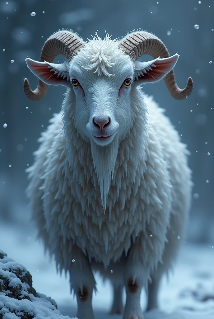 A goat is cold and covered in ice