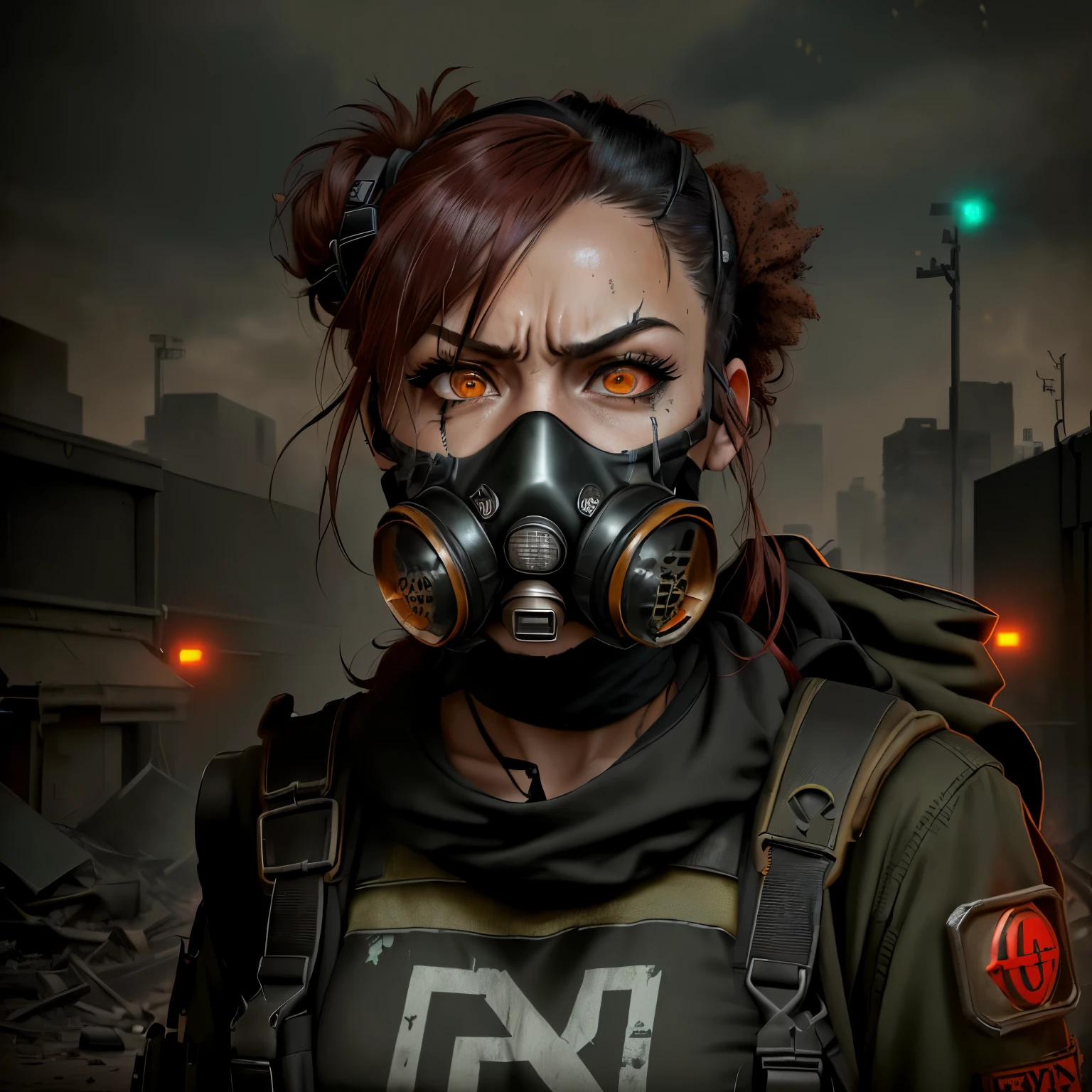 Angry woman with gas mask and backpack in front of a city, postapocalyptic vibrations, post-apocalyptic scavenger, wearing an all black mask, post - apocalyptic vibe, she wears red eye gas mask, dystopian science fiction character, (rust), not Apex Legends style, apocalyptic vibrations, Irreal 5. rpg portrait, wearing a gas mask, best quality, 8k