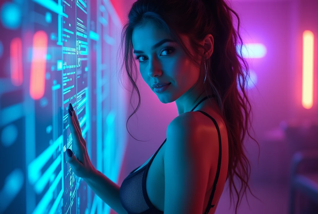 (highest quality), (masterpiece), (highly detailed), a stunning 25-year-old teacher in a futuristic dreamscape. She starts in a sleek, futuristic outfit that transitions to revealing, high-tech lingerie. (dramatic lighting with neon colors in purple and blue) to create a sci-fi atmosphere. She is leaning against a holographic blackboard, her body slightly arched, looking intensely at the camera with a seductive smile. (floating holograms and neon lights) fill the background, adding to the surreal and high-tech fantasy. (use of props like futuristic books and gadgets) enhances the theme.