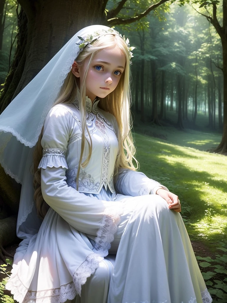 A 15 year old girl sitting in a tree, in the forest, long blonde hair, blue eyes, white fair skin, fairy outfit,Delicate long white fairy dress with white lace 