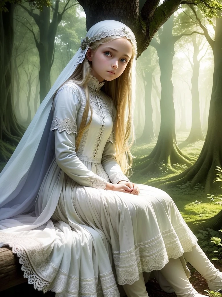 A 15 year old girl sitting in a tree, in the forest, long blonde hair, blue eyes, white fair skin, fairy outfit,Delicate long white fairy dress with white lace 