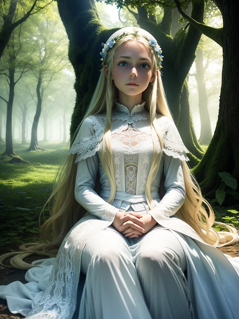 A 15 year old girl sitting in a tree, in the forest, long blonde hair, blue eyes, white fair skin, fairy outfit,Delicate long white fairy dress with white lace 