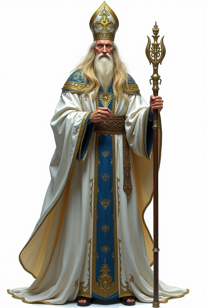 drawning, sharp colors, A Clergyman, medieval style, white eyes emanating brightness, white clothes with blue and gold details, blond long hair, bishop hat, holding a mace, fully body, white background, character seen from the front, BOARD PIECE