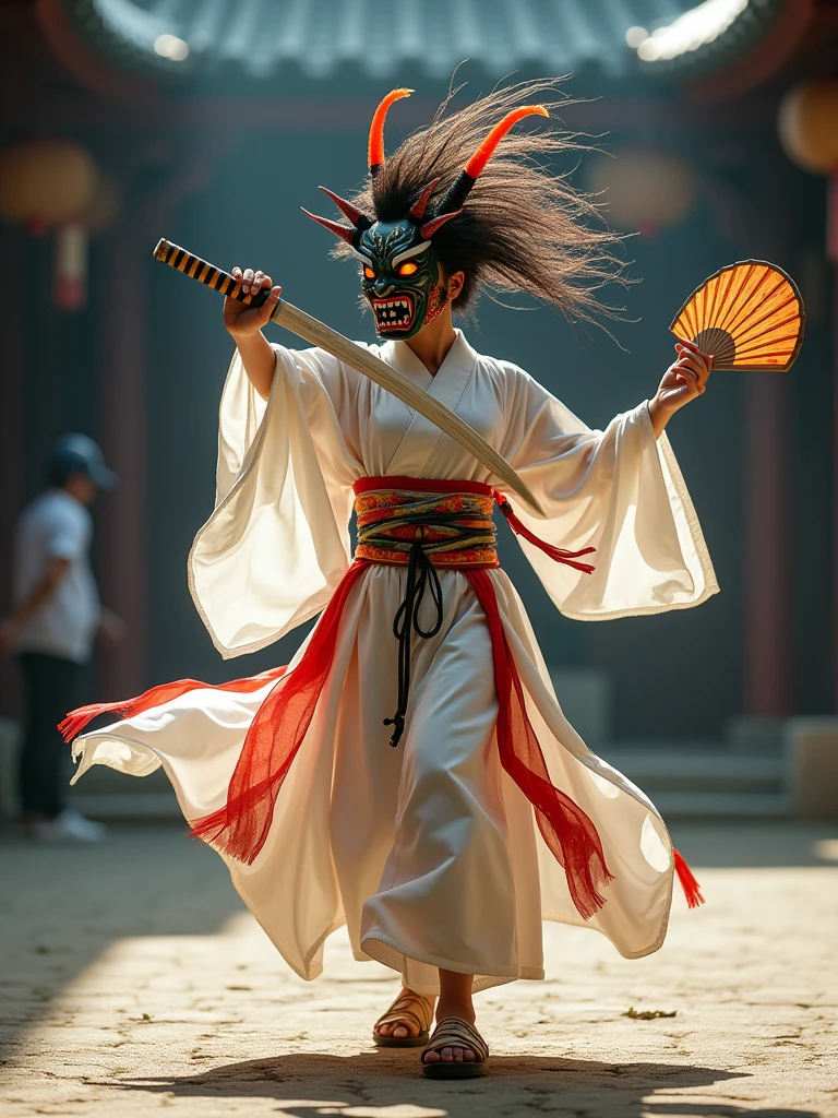 1 girl, A traditional Japanese demon dancer (Oni Kenbai) dressed in a striking costume. The dancer wears a fierce demon mask with angry expressions, adorned with a wild wig-like headpiece called ‘kezai.’ The costume consists of a white kimono with wide sleeves, colorful sashes over the shoulders, and a pair of straw sandals. The dancer holds a sword and a fan, embodying the power and intensity of the traditional dance. The background features a traditional Japanese temple or a ceremonial setting