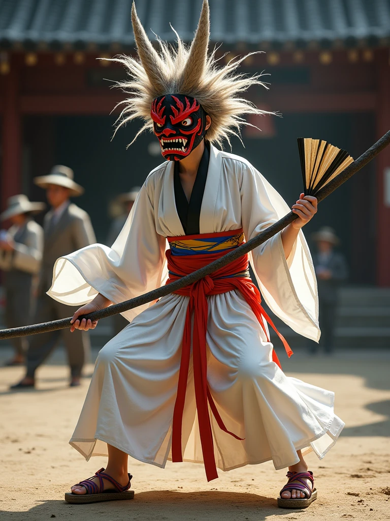 1 girl, A traditional Japanese demon dancer (Oni Kenbai) dressed in a striking costume. The dancer wears a fierce demon mask with angry expressions, adorned with a wild wig-like headpiece called ‘kezai.’ The costume consists of a white kimono with wide sleeves, colorful sashes over the shoulders, and a pair of straw sandals. The dancer holds a sword and a fan, embodying the power and intensity of the traditional dance. The background features a traditional Japanese temple or a ceremonial setting