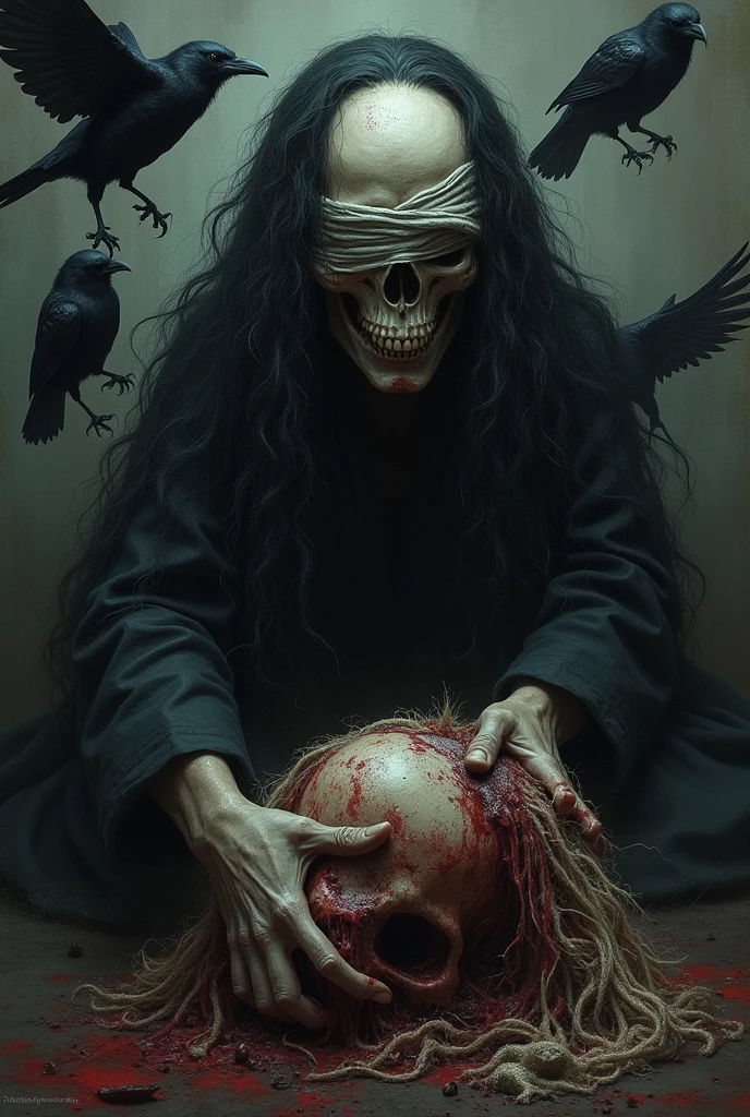 Skull with long hair blindfolded with a blood-stained blindfold. Crows behind her devour a decomposing body