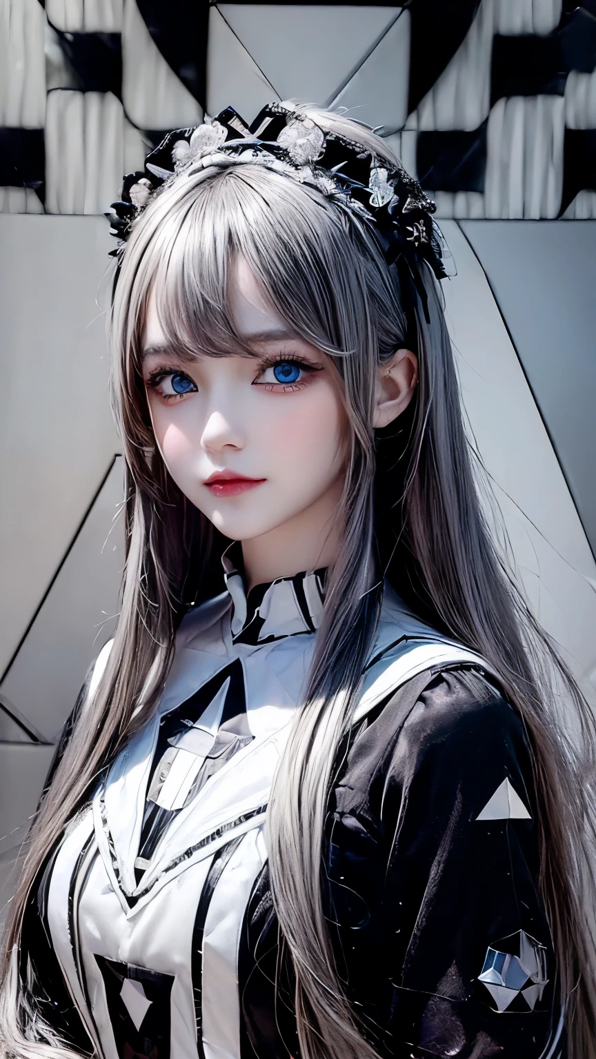 (digital art:0.2),(geometric art:1.7),(top-quality),(masterpiece),Delicately drawn face,girl with a pretty face,beautiful detailed blue eyes,Gothic Lolita Fashion,((Black and white costume)),(Beautiful silky silver hair:1.2),black ribbon hair ornament,Film Lighting,abstract,a beautiful artistic illustration,geometric background