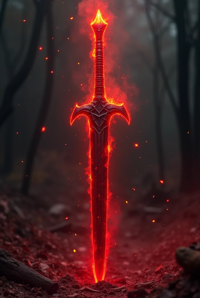 A great legendary sword with fiery details, Red Blade, blood blade, terrifying, layered with bone structure, bloody
