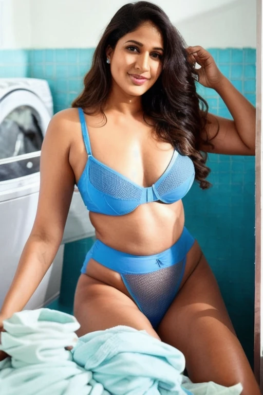 Lavanya, wavy medium hair, wearing stylish blue mesh lingerie, ((Background: Laundry room in Russia)), ((upper body and upper legs)) big breast, like nude body 

