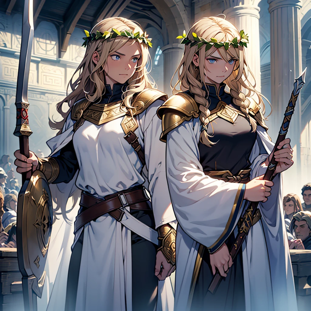 Make a grown woman who is wearing her divine armor, with his spear and his war shield for combat, with her brown hair and blue eyes staring at a man whose hair was wavy blond, blue-eyed, brawny, wearing a laurel wreath and wearing a white Greek robe in an arena in Valhalla.