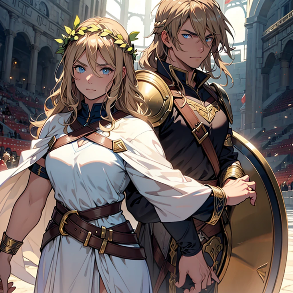 Make a grown woman who is wearing her divine armor, with his spear and his war shield for combat, with her brown hair and blue eyes staring at a man whose hair was wavy blond, blue-eyed, brawny, wearing a laurel wreath and wearing a white Greek robe in an arena in Valhalla.