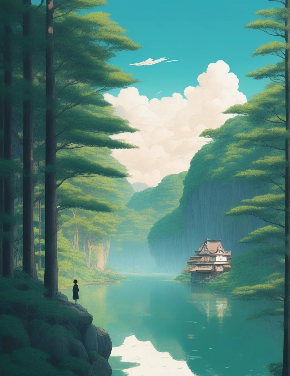 Healing and soothing illustrations in the style of Hayao Miyazaki&#39;s animations。The scene conveys the tranquility of a rural landscape，Painted in pastel tones。Let&#39;s imagine，Under the full moon night sky，On the green grass。An antique tile house，Surrounded by lush trees and bushes。There are children playing in the attic，Bamboo tables are placed in the yard，Bamboo chair，There are fruits on the bamboo table。The color tone adds a dreamy feel to the scene、Ethereal quality，Seamless color blending，Capturing the serene beauty of the countryside。This illustration invites the viewer into a peaceful pastoral world，Nature&#39;s gentle beauty offers respite from the hustle and bustle of everyday life