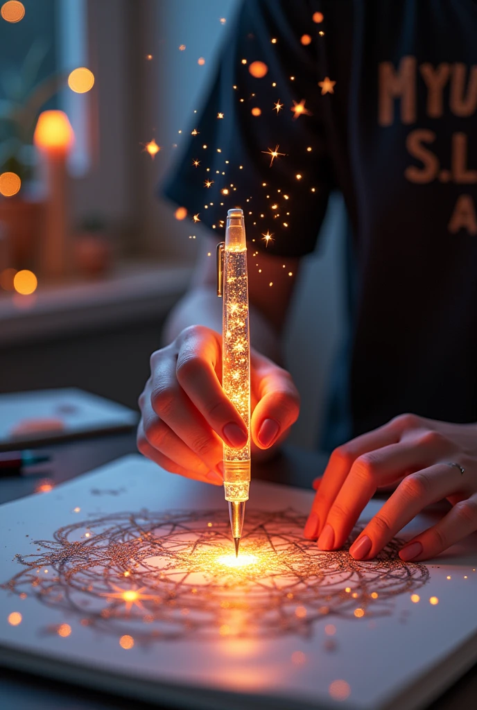Fascinating, hyper-realistic 16K 3D figure captures a magical moment of pure creativity. Talented artists expertly depict heartfelt messages, "S,L, ASH", On the table is a black T-shirt. The text is composed of Vibrant, Sepia-toned stars with smooth transitions across the spectrum. Artist&#39;s Hands, Holding a transparent pen filled with sparkling stars, Exquisitely detailed, Symbolizes limitless creativity and imagination. Background、A three-dimensional sketchbook setting scattered throughout, このFascinating作品に深みと立体感を加える, gameffiti-inspired scene. The figure radiates energy, Movement, and Vibrant colors, A true work of art that celebrates creativity and imagination.., game, Cinematic, Vibrant, gameffiti, Painting, typogamephy, product, figure, photograph, 3D Rendering, fashion, Dark fantasy