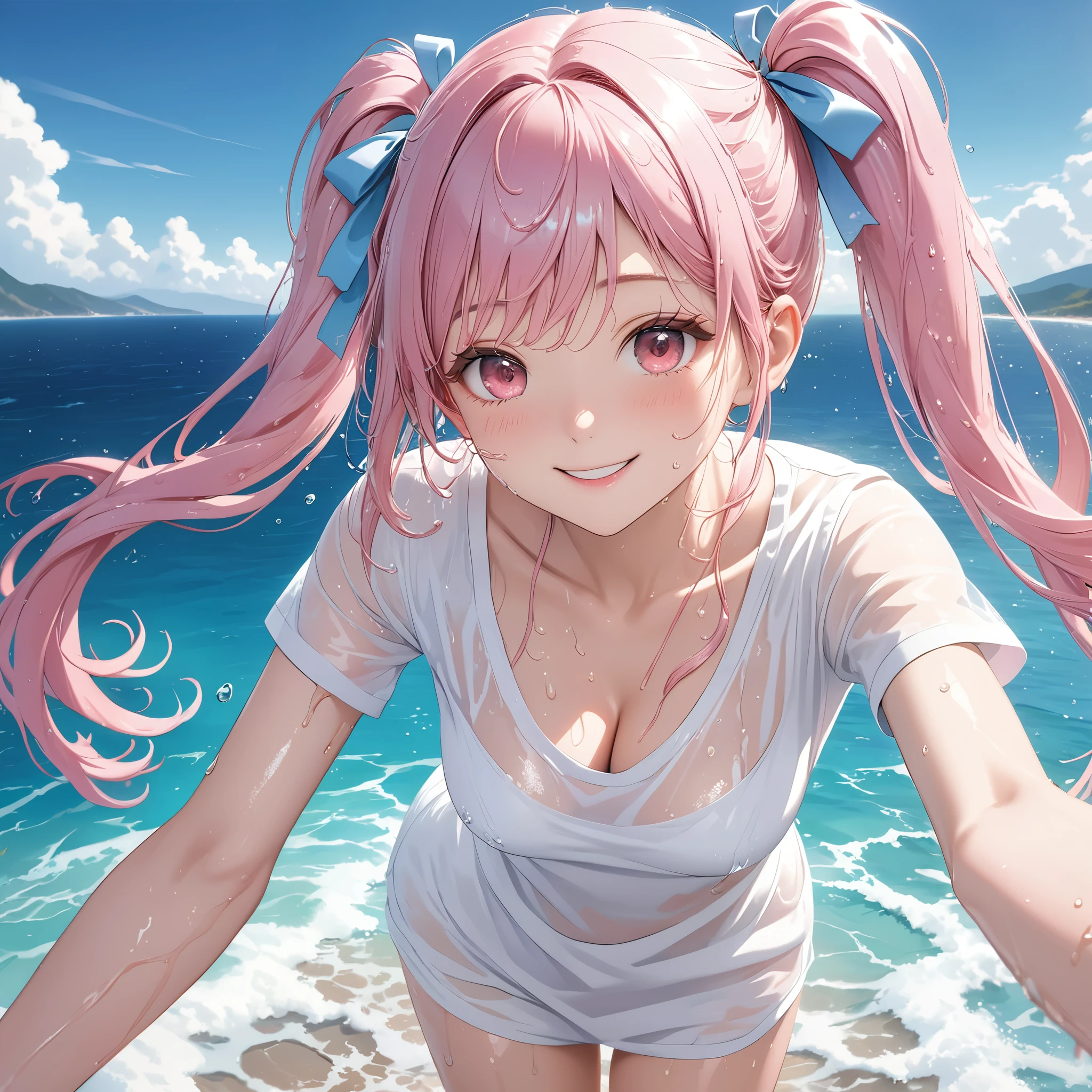 (8K, masutepiece, Best Quality, Official art, beautiful detailed, beautiful lighting, best masterpiece in history that exceeds limits), (1 Girl, Solo), (sixteen years old), (beautiful detailed face), (wet shiny white skin), (Beautiful big bust, cleavage, thighs:1.3), (beautiful detailed pink twin tails hair, Bangs:1.3), (pastel blue cute ribbon), (beautiful detailed drooping pink eyes:1.5), (see through wet plain white T-shirt, short sleeves long length:1.3), (happy smile:1.2), (standing, Attractive, Look at the camera, cute pose), breathtaking scenery, (ultra detailed Beautiful sea, blue sky:1.3)