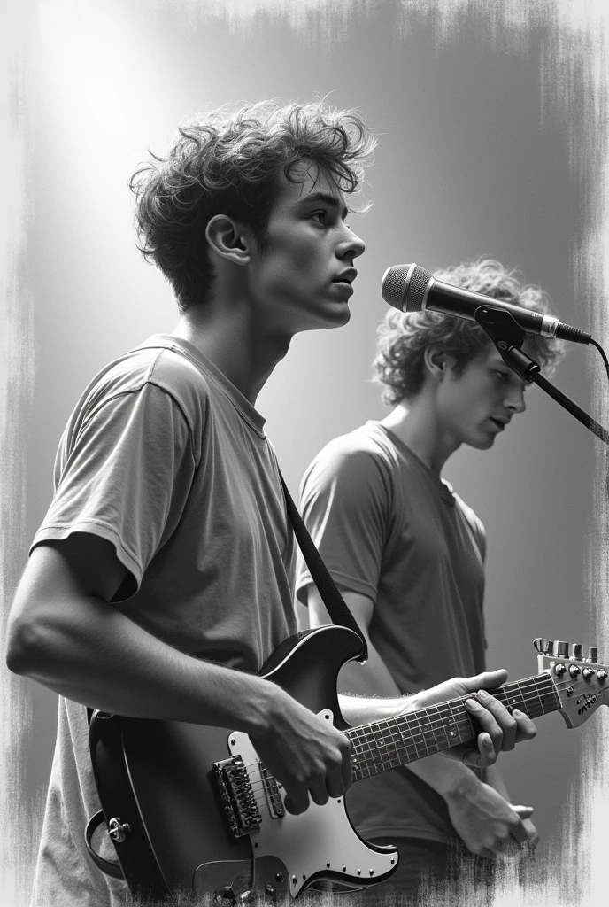 A pencil sketch of a A 19 years old boy musicians getting back to the spotlight with the help of a boy friend