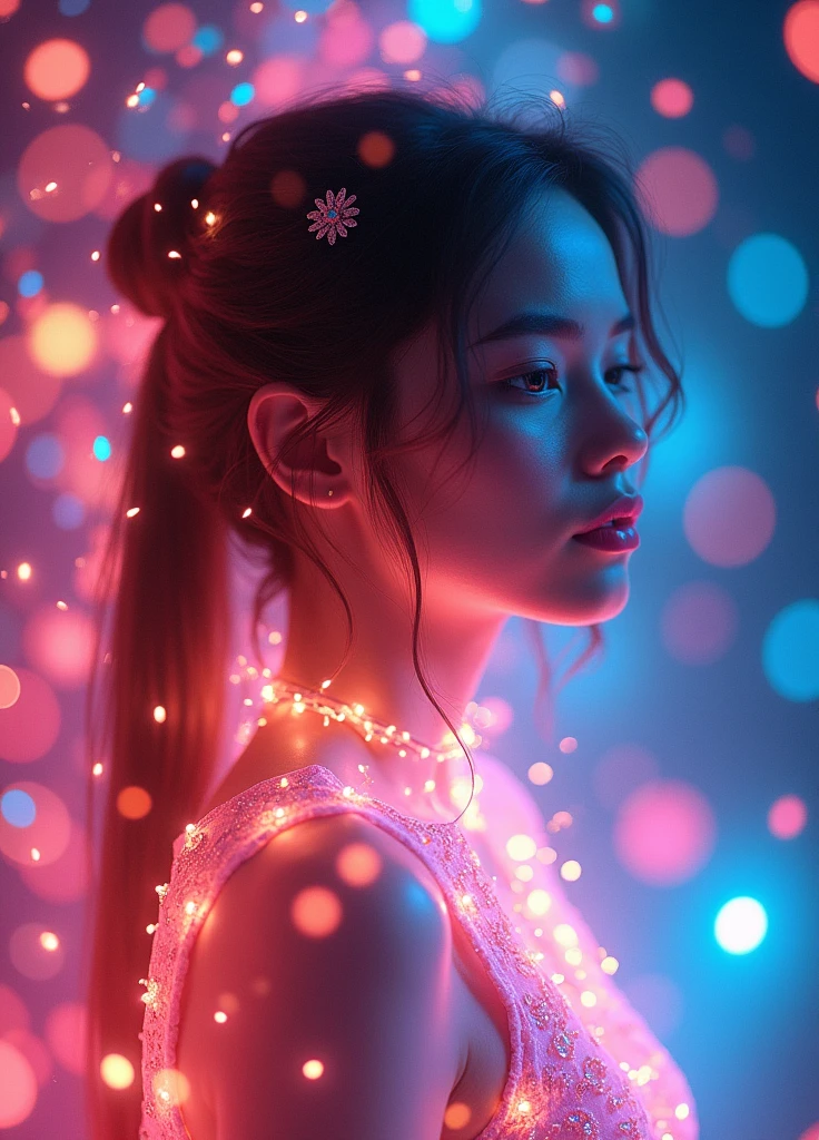 a girl, with a very glow brilhiant lights, very saturation, colors, vivid, HDR