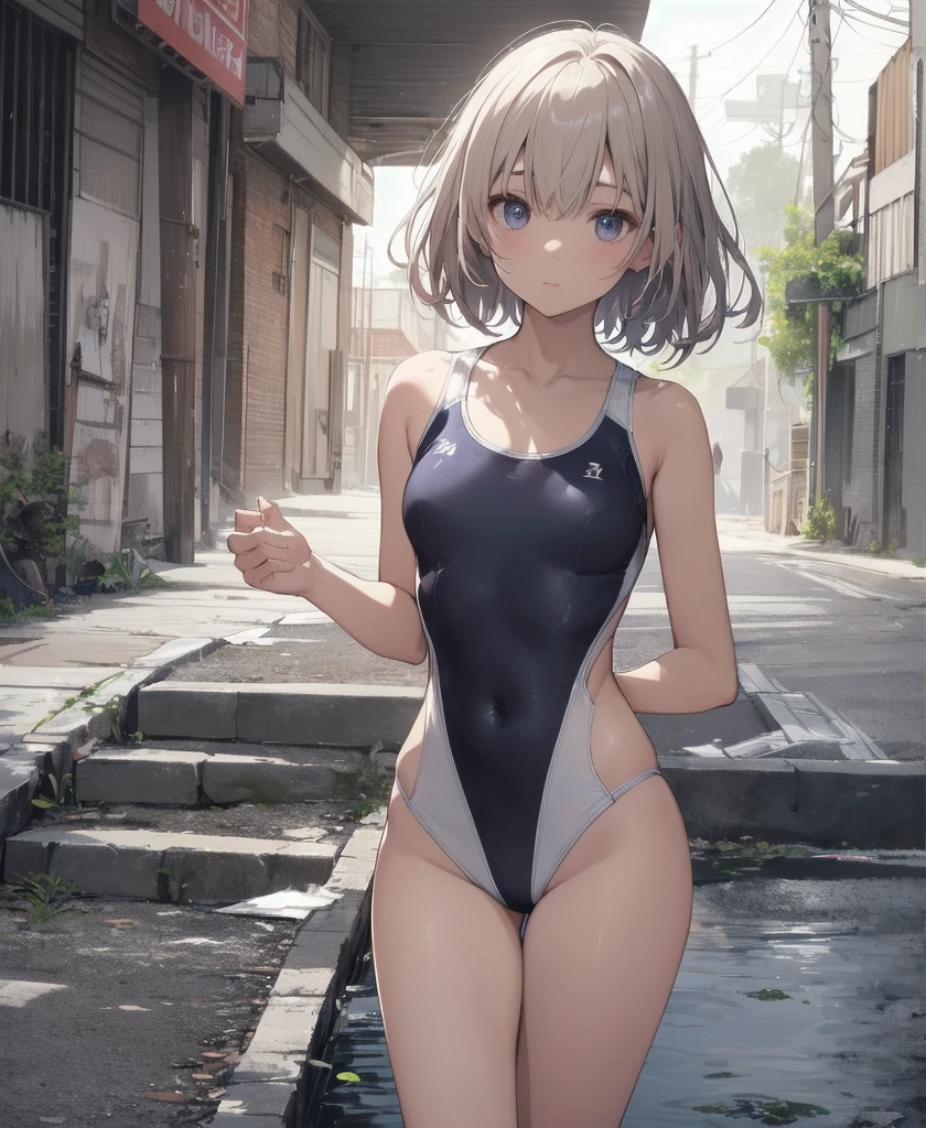 Highest quality、Complete limbs、Full Finger、Slender beauty、Straight Hair、Very short hair、White Knee High、White school swimsuit、Small eyes、Expressions of distress、Lean back、Wriggle your body