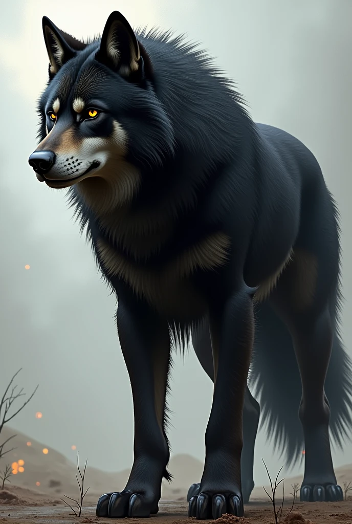 Werewolf black fur bright golden eyes, not aggressive just imposing