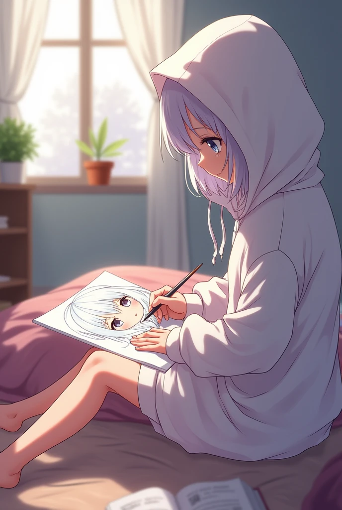 In anime style、Wearing a loose-fitting hoodie、Writing the White Haired Girl、Fit your feet in the frame