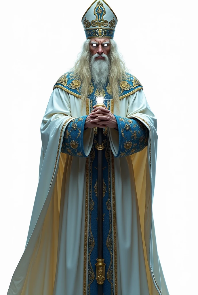 drawning, sharp colors, A Clergyman, medieval style, similar to Lucius Malfoy, white eyes emanating brightness, white clothes with blue and gold details, blond long hair, bishop hat, holding a mace, fully body, white background, character seen from the front, BOARD PIECE