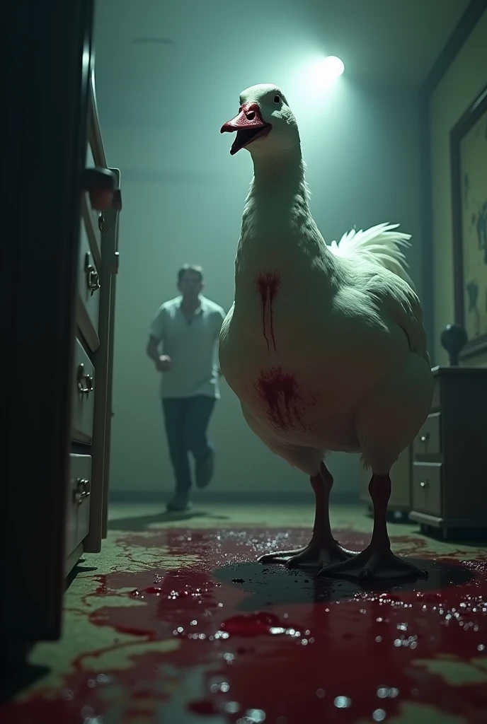 A large blood-stained white duck is angrily chasing a human in a dark bedroom.