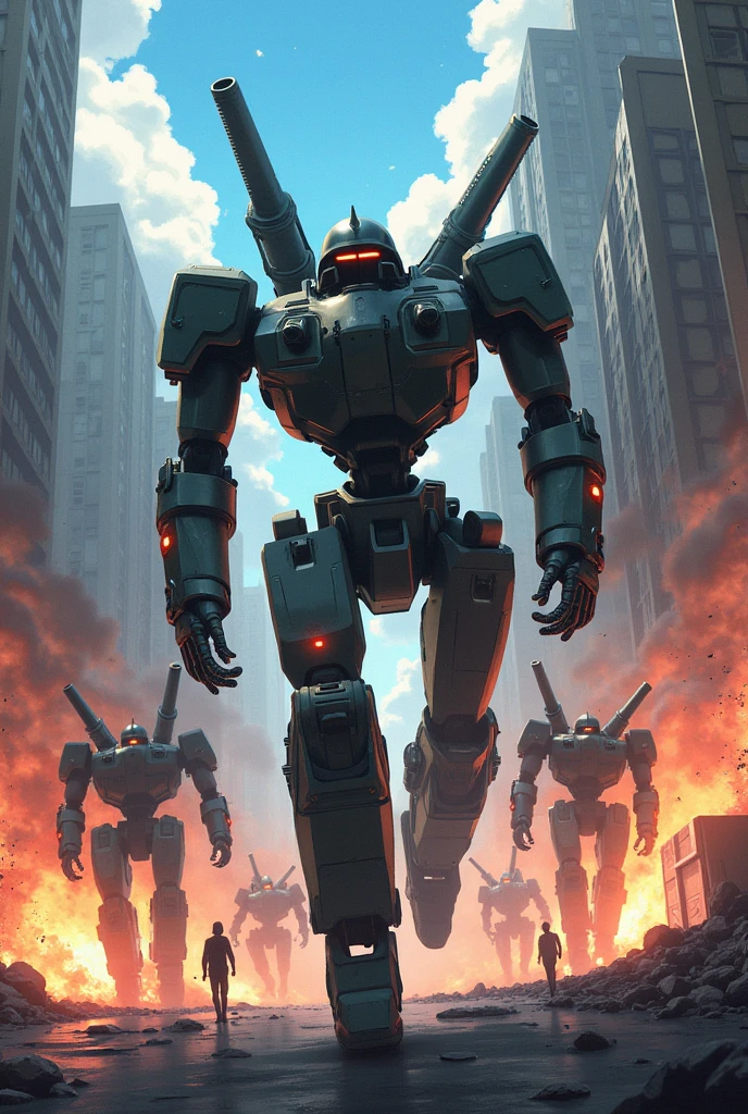 create an image where a evil robot army attracted a dystopian city, the city is being destroyed, robots are using guns, futuristic weapons and blasting everywhere. the artstyle should be anime style