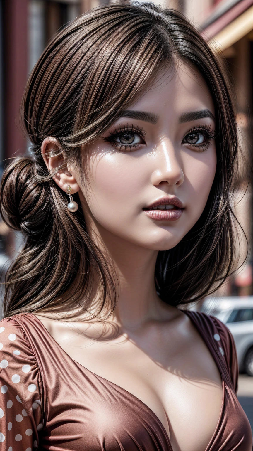 (ultra high resolution), (photorealism 16K realism Quality), (ultra-fine digital art), (Hyper-realistic proportional body, anatomically correct:1.2), (super detailed beautiful face), (light pale complexion), BREAK, ((small round head)), (ultra detailed beautiful slim and sharp-face), (best highest detailed realistic brown_eyes:1.2), ((Insanely realistic sharp-eyes)), (droopy eyes:1.3), Thin eyebrows, Carefully draw eyelashes, Eyelash extensions, (tired and sleepy and satisfied:0.0), perfect round eyes, finely detailed pupils,BREAK, detailed lips:1.3, pink_makeup:1.14, glossy red_lipstick:1.2 ,perfect light_eyeshadows:1.25, (Detailed nose:1.2), ((Clad in a retro polka-dot dress with a cinched waist and pearl accessories, complemented by a classic updo:1.22)), (Amidst a quaint town square, with cobblestone streets lined with charming boutiques and antique shops, where time seems to stand still:1.2), (seductive:1.22),