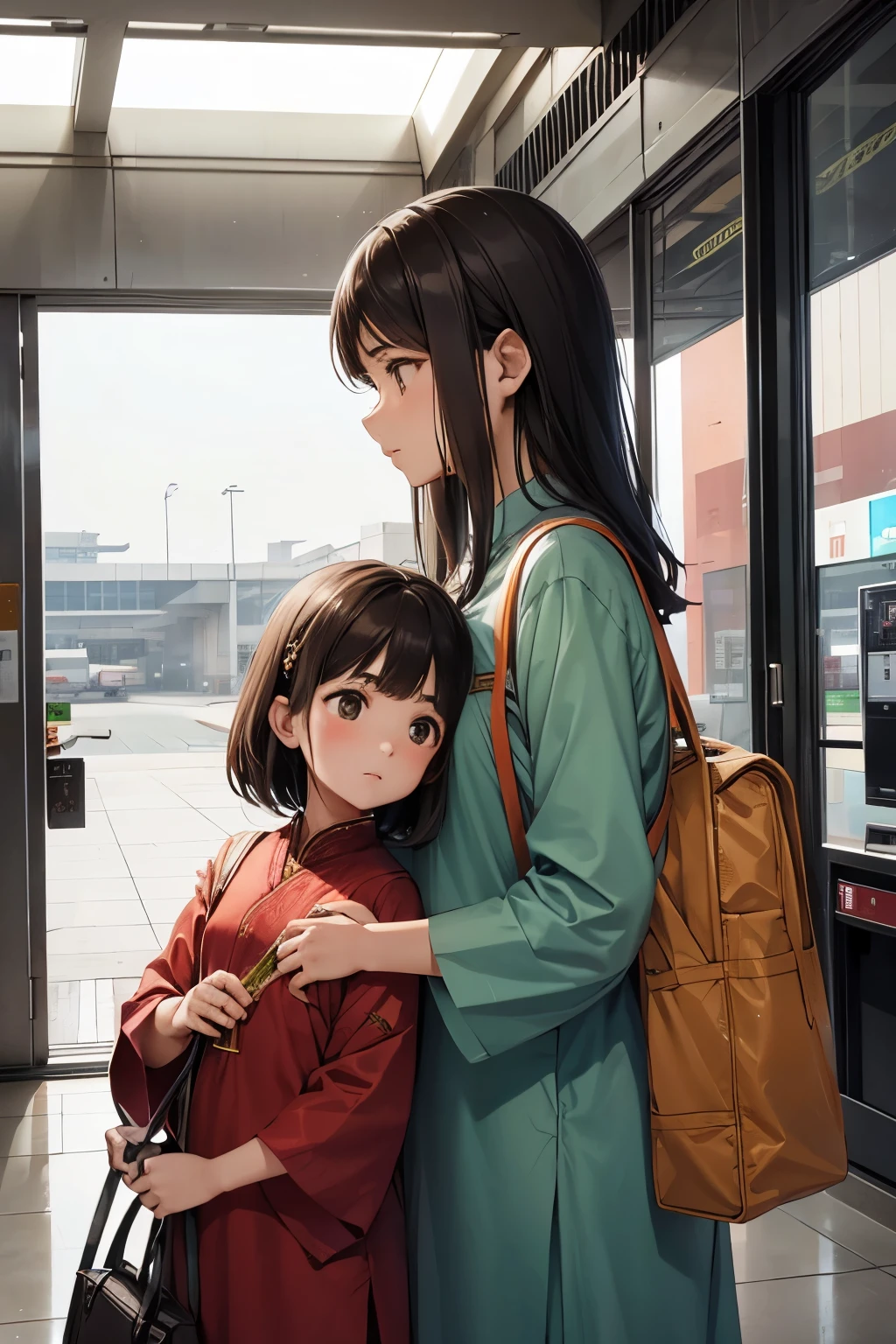 two sisters, brown girls, asian, wearing shalwar kameez, elder is traveling abroad, younger is sad and alone, at airpot