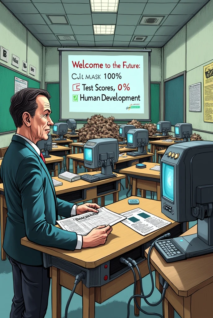 In the political cartoon, imagine a classroom filled with students, but instead of learning from books or engaging in discussions, they are all plugged into machines labeled "Testinology 2.0." The teacher, also connected to the machine, holds a report card that shows excellent test scores but poor marks in creativity, critical thinking, and social skills. In the background, there’s a pile of discarded books and a banner that reads, "Welcome to the Future: 100% Test Scores, 0% Human Development."