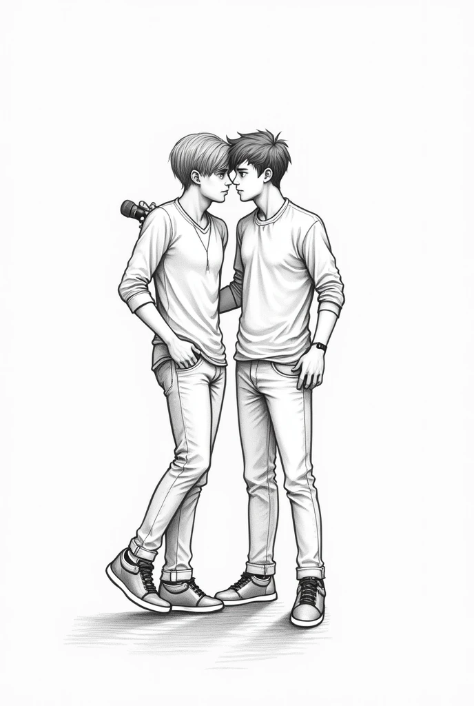 A pencil sketch of a A 19 years old boy musicians holding a mic getting back to the spotlight with the help of a boy friend