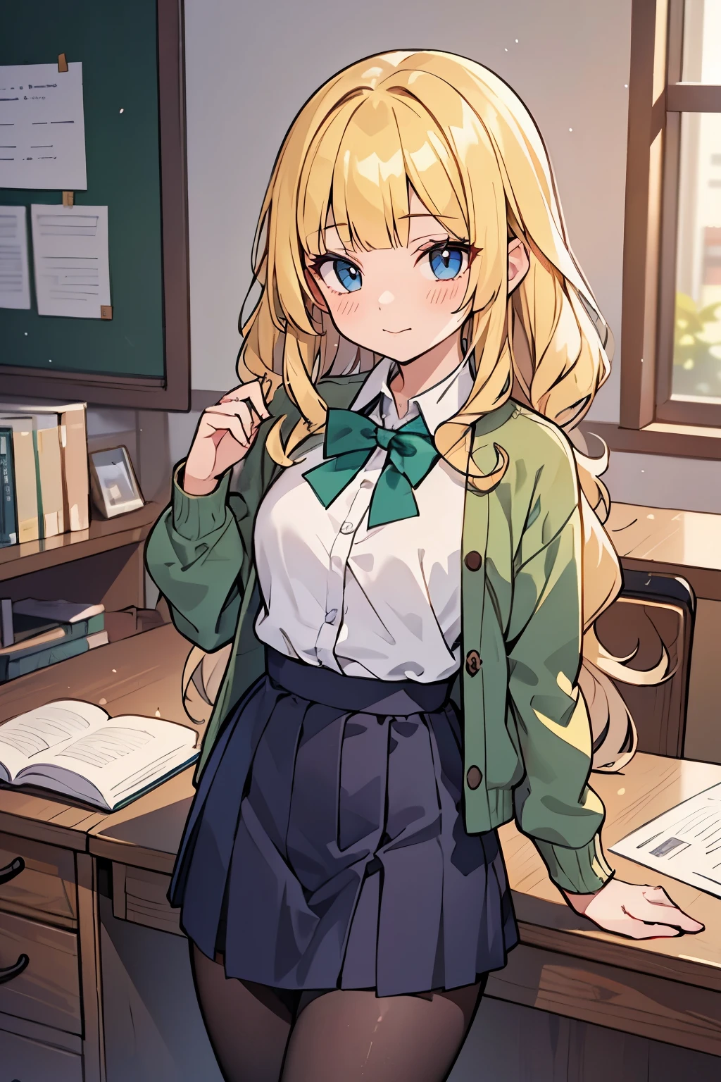 Safe for work, masterpiece, best quality, solo, 1 girl, cute girl, wholesome girl, (young female body:1.4), ( medium small breasts), cowboy shot, shy smile, flustered, yellow hair, voluminous wavy hair, extra long hair, hime cut, very blunt bangs, light blue eyes, office room, desk, green school uniform, short dark green skirt, white tigh high tights, winter school uniform, green waist high skirt , green cardigan