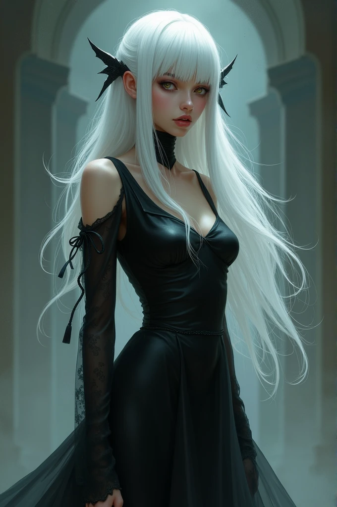 A girl with white hair with two side locks and wearing a black dress