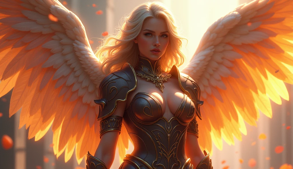 Official Art, (Masterpiece: 1.3), (8k, Best Quality: 1.4), The content is very detailed, Golden Ratio, (Energetic: 1.3),(Big breasts), ultra detailed breasts, extremely shaped breasts, cute woman, feathered wings, beautiful armor, drama, (magic), very detailed face, beautiful detailed eyes, beautiful detailed lips, ultra detailed big breasts, extremely shaped breasts, description of extreme details, vivid and intense colors, vibrant colors, bright magical aura, ethereal lighting,