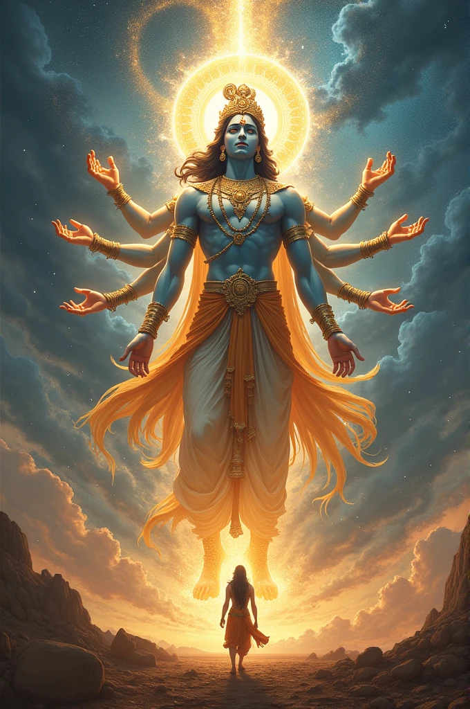 Lord Sri Krishna shows his great form to Arjuna standing in the Kurukshetra field