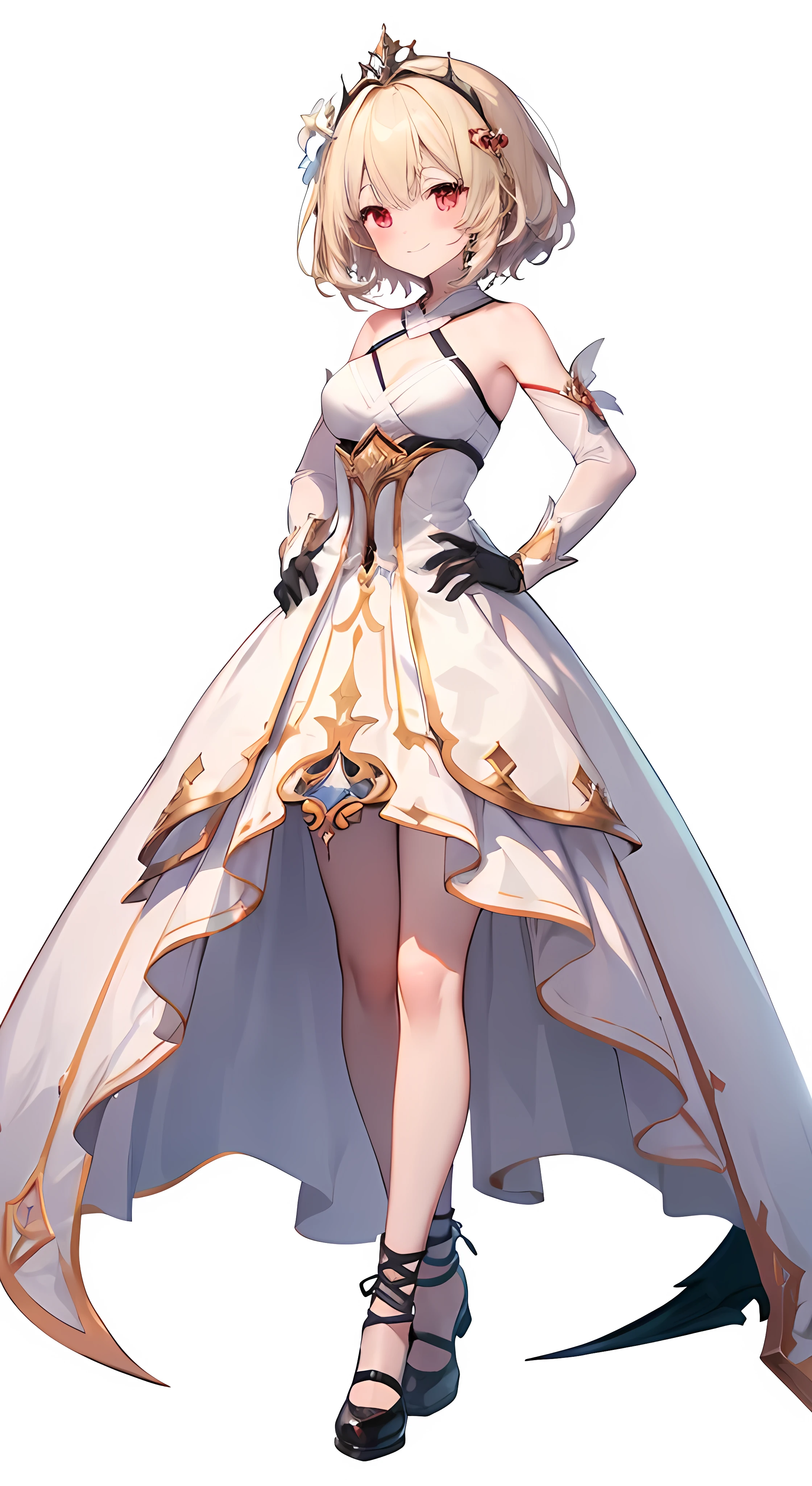 Head to Toe,whole body,Overall image, looking at viewer, upright, arms at side, concept  art, A young woman with long light blonde hair is standing facing forward。,  alone, Red Eyes, smile, simple background, blush,  bangs, Wearing lace-up shoes,Wearing gloves,Dragon Princess, Put your hands behind your back