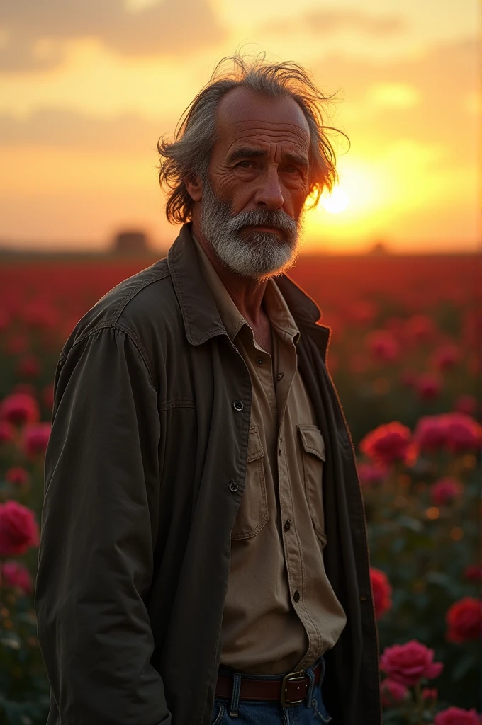 A homeless man around the age of 30 is beautiful inside but his clothes are neglected,
Standing in front of the beautiful yellowish sunset,
There are lots of roses on the horizon,
Roses in reddish rosy colors