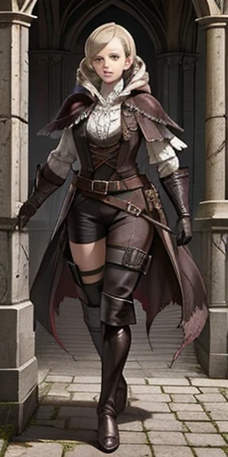 photorealistic, high resolution, soft light,1women, solo, hips up, look at viewer, (detailed face), bangs, edgBB, black gloves, belt, coat, torn clothes, capelet, red gloves gauntlets, vambraces, black capelet, hunter (bloodborne) woman wearing edgBB_outfit, outdoors, gothic architecture, jewelry, full body Forrest Fire Emblem twin drills blonde hair