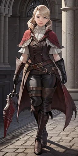 photorealistic, high resolution, soft light,1women, solo, hips up, look at viewer, (detailed face), bangs, edgBB, black gloves, belt, coat, torn clothes, capelet, red gloves gauntlets, vambraces, black capelet, hunter (bloodborne) woman wearing edgBB_outfit, outdoors, gothic architecture, jewelry, full body Forrest Fire Emblem twin drills blonde hair