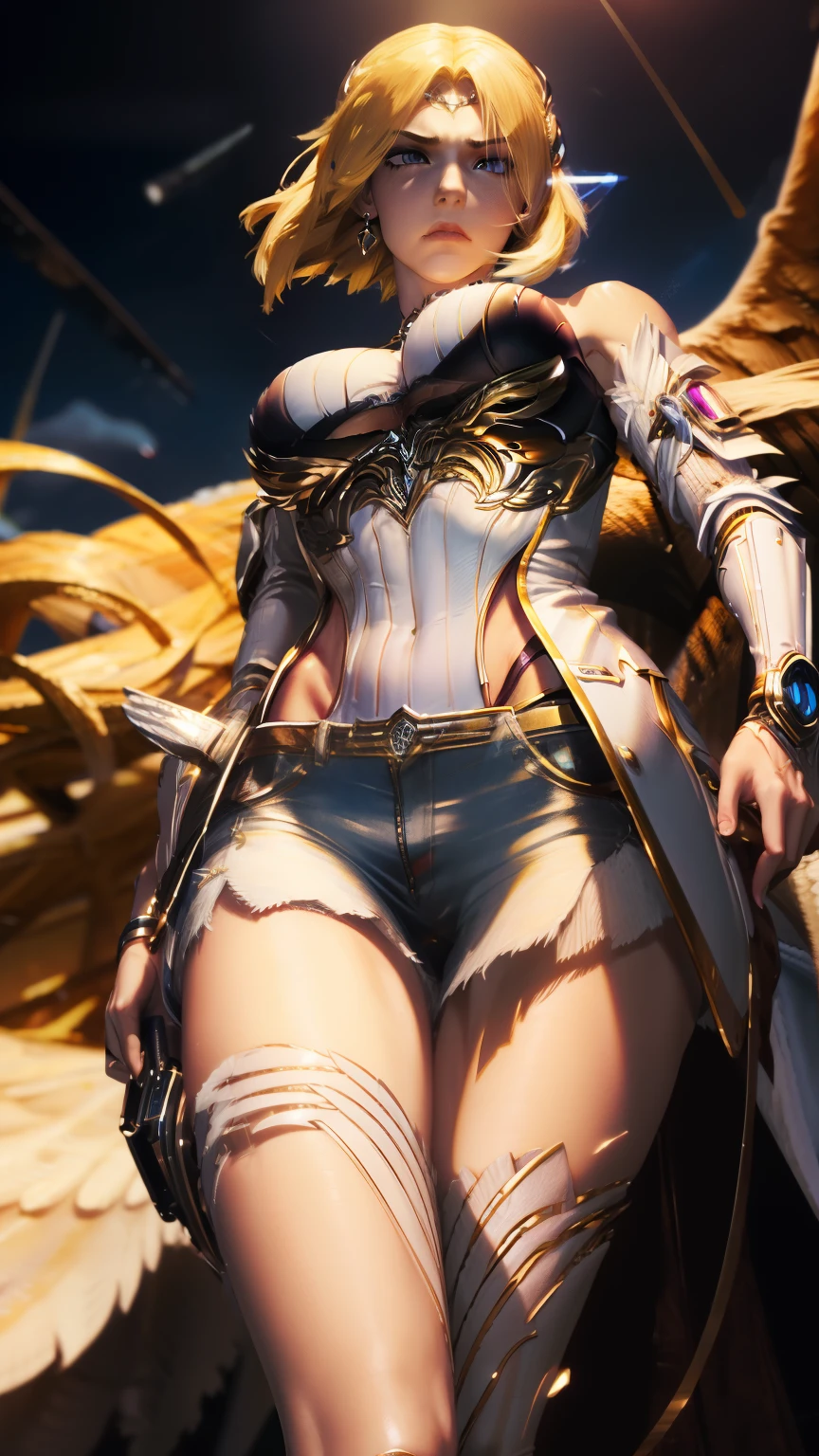 (extremely detailed CG unity 8k wallpaper), (ultra-detailed), masterpiece, best quality, lucy (cyberpunk), bodysuit, solo, breasts, cyberpunk city, multicolored hair, short hair, looking at viewer, medium breasts, black bodysuit, grey eyes, hip vent, clothing cutout, thigh gap, covered navel, white jacket, bare shoulders, short shorts, couch,