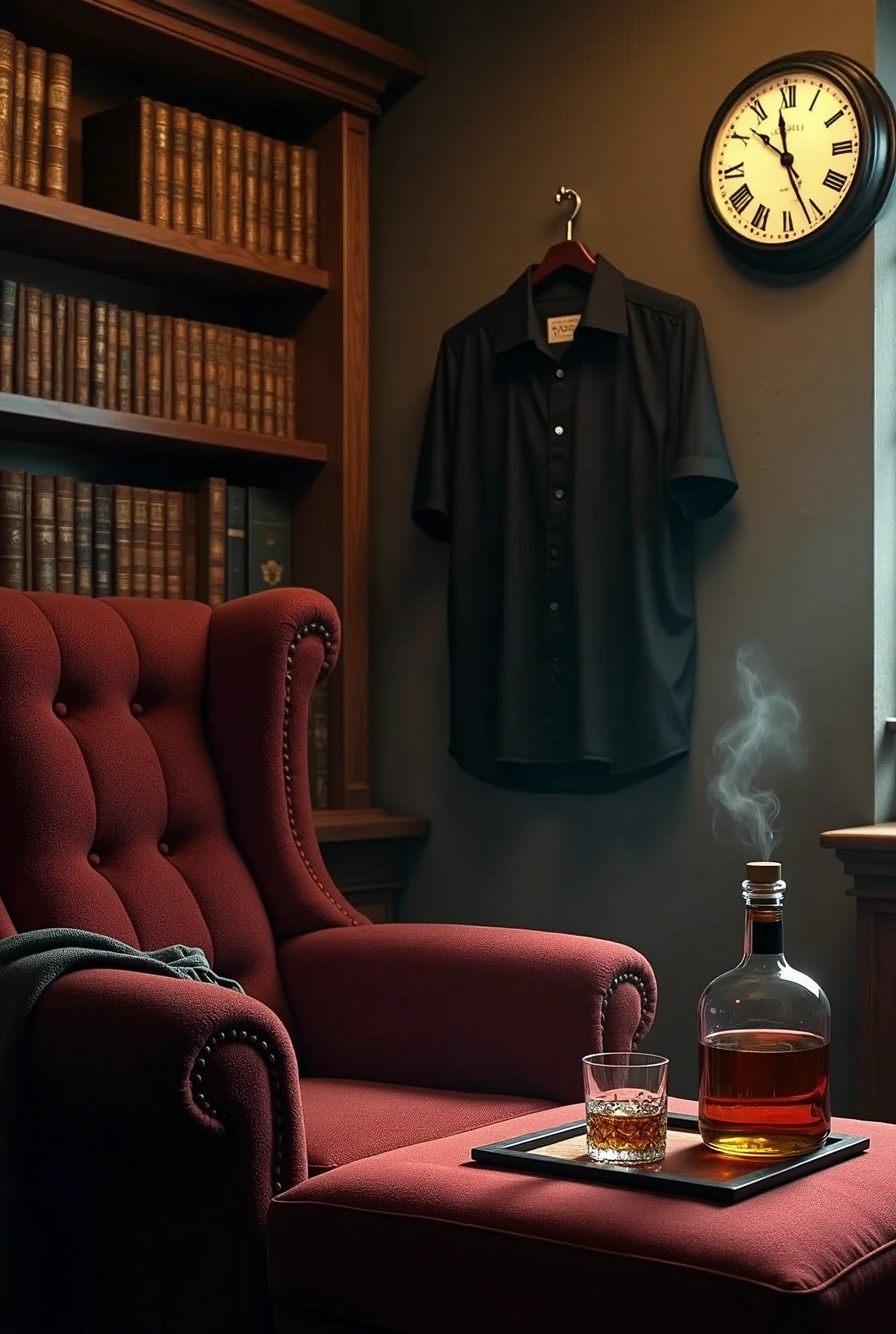I create a visual of a room, let it be like a mafia boss&#39;s office, let it be in front of the armchair, let it be a table, let it be a bottle of whiskey and a full glass of cigar box, let it be open-top, let it be visible, let it be a half-smoked lit cigarette in an ashtray, let it be a clock on the right wall of the room, let it be 09 10 with Roman numerals, let the library be on the right side of the armchair or chair, let it be behind, let it be a window next to the library, let it be a short-sleeved black shirt hanging on a nail on the wall with a hanger, let the buttonholes of the shirt be open and let there be a painting resembling blood, graves and death on the side of the shirt, let the theme of the room be a little cult, let it be a little reminiscent of the Middle Ages, let it be a mafia room with a Florence, France theme, it can also resemble an office, let it be at an angle as if it were facing someone sitting on the armchair, let it be at an angle that can fit all of these things on a phone screen