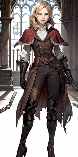 photorealistic, high resolution, soft light,1women, solo, hips up, look at viewer, (detailed face), bangs, edgBB, black gloves, belt, coat, torn clothes, capelet, red gloves gauntlets, vambraces, black capelet, hunter (bloodborne) woman wearing edgBB_outfit, outdoors, gothic architecture, jewelry, full body Forrest Fire Emblem twin drills blonde hair